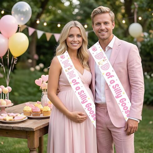 Silly Goose Baby Shower Sash, Pink Goose Theme Mom and Dad to Be Sash Set Gift Box Cake Balloon Farm Animal Mom/Dad of A Silly Goose Sashes for Girls Baby Shower Pregnancy Announcement Supplies in Kuwait