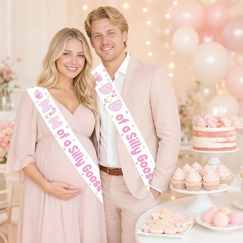 Silly Goose Baby Shower Sash, Pink Goose Theme Mom and Dad to Be Sash Set Gift Box Cake Balloon Farm Animal Mom/Dad of A Silly Goose Sashes for Girls Baby Shower Pregnancy Announcement Supplies in Kuwait