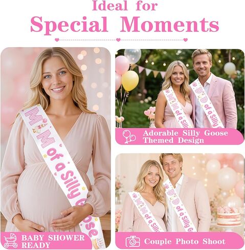 Silly Goose Baby Shower Sash, Pink Goose Theme Mom and Dad to Be Sash Set Gift Box Cake Balloon Farm Animal Mom/Dad of A Silly Goose Sashes for Girls Baby Shower Pregnancy Announcement Supplies in Kuwait