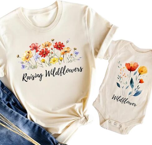 Raising Wildflowers Matching Mom and Baby Shirts – Wildflower Mommy and Me Outfit – Floral Mom Shirt and Baby Bodysuit Gift in Kuwait