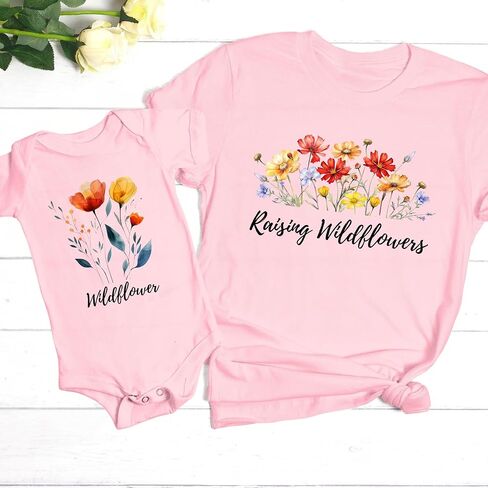 Raising Wildflowers Matching Mom and Baby Shirts – Wildflower Mommy and Me Outfit – Floral Mom Shirt and Baby Bodysuit Gift in Kuwait