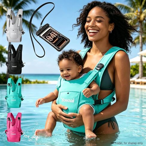 Yosoai Premium Neoprene Water Baby Carrier, Safer Wider 50mm Strap & 60mm Slide Lock Buckle, Ergonomic X+H Back Support, Quick Dry Land & Water Baby Carrier with Waterproof Phone Pouch in Kuwait