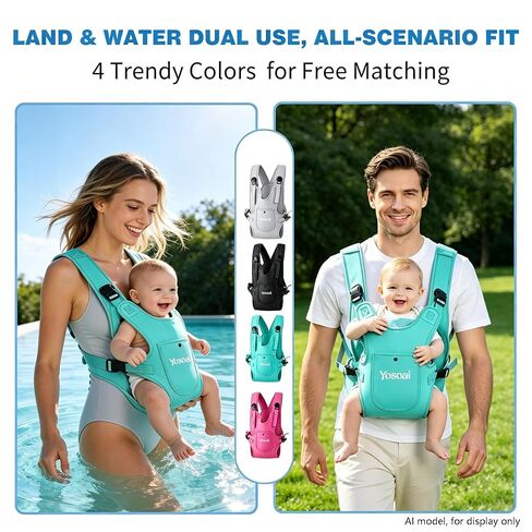Yosoai Premium Neoprene Water Baby Carrier, Safer Wider 50mm Strap & 60mm Slide Lock Buckle, Ergonomic X+H Back Support, Quick Dry Land & Water Baby Carrier with Waterproof Phone Pouch in Kuwait