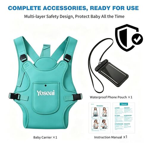 Yosoai Premium Neoprene Water Baby Carrier, Safer Wider 50mm Strap & 60mm Slide Lock Buckle, Ergonomic X+H Back Support, Quick Dry Land & Water Baby Carrier with Waterproof Phone Pouch in Kuwait
