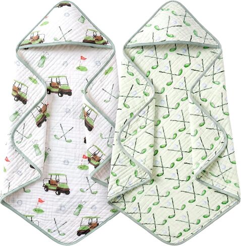 Gilprop 2 Pack Golf Baby Hooded Towels for Newborn 100% Muslin Cotton Golf Themed Neutral Baby Bath Towel with Hood for Babies Infant Toddler and Kids, 32x32inch, Soft and Absorbent Kids Gift in Kuwait