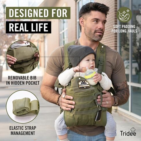 Dad Baby Carrier for Men Adjustable Hip Snaps - Soft Infant Carrier Magnetic Sunshade Protector, Newborn Bibs, 2 Carabiners, Removable Waist Strap Holds Babies and Infants Up to 44 Lbs Green in Kuwait