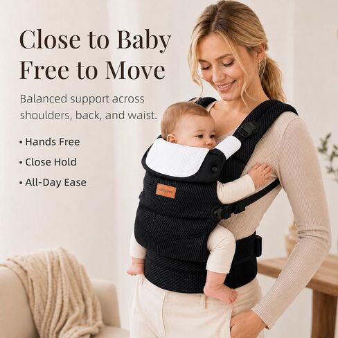 ALLOPERA Baby Carrier for 7-45 lbs, Lightweight Breathable 3D Mesh Infant to Toddler Carrier with Dual-Layer Stability, Easy-Fasten Slide Buckles, Ergonomic Seat and Lumbar Support, Black in Kuwait