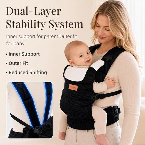 ALLOPERA Baby Carrier for 7-45 lbs, Lightweight Breathable 3D Mesh Infant to Toddler Carrier with Dual-Layer Stability, Easy-Fasten Slide Buckles, Ergonomic Seat and Lumbar Support, Black in Kuwait