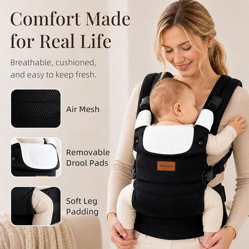 ALLOPERA Baby Carrier for 7-45 lbs, Lightweight Breathable 3D Mesh Infant to Toddler Carrier with Dual-Layer Stability, Easy-Fasten Slide Buckles, Ergonomic Seat and Lumbar Support, Black in Kuwait