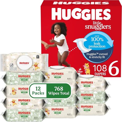 Huggies Little Snugglers Baby Diapers with Huggies Natural Care Sensitive Baby Wipes, Size 1 (8-14 lbs), 198 Diapers & 768 Wipes, Packaging May Vary in Kuwait