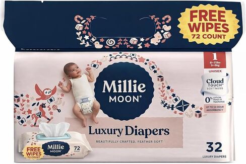 Millie_Moon Luxury Disposable Diapers ((Size,1-32,ct))(Free Wipes 72 Count). in Kuwait