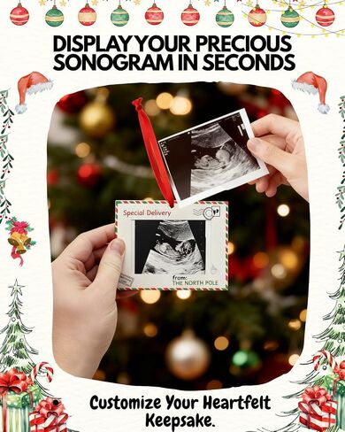 Pregnancy Announcement Christmas Ornament– Sonogram Photo Frame Keepsake with Ribbon – Baby Coming Soon Gift for Grandparents, Mom To Be, Holiday Tree Décor (Red & Green) in Kuwait