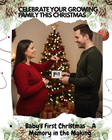 Pregnancy Announcement Christmas Ornament– Sonogram Photo Frame Keepsake with Ribbon – Baby Coming Soon Gift for Grandparents, Mom To Be, Holiday Tree Décor (Red & Green) in Kuwait