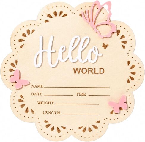 Hello World Baby Birth Announcement Sign, 6-inch Wooden Newborn Announcement Sign, Pink Butterfly Newborn Welcome Signs for New Born Photo Props Babies Shower Hospital Nursery in Kuwait