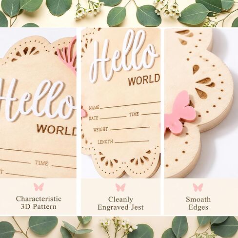 Hello World Baby Birth Announcement Sign, 6-inch Wooden Newborn Announcement Sign, Pink Butterfly Newborn Welcome Signs for New Born Photo Props Babies Shower Hospital Nursery in Kuwait