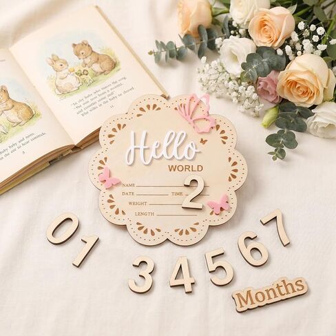 Hello World Baby Birth Announcement Sign, 6-inch Wooden Newborn Announcement Sign, Pink Butterfly Newborn Welcome Signs for New Born Photo Props Babies Shower Hospital Nursery in Kuwait