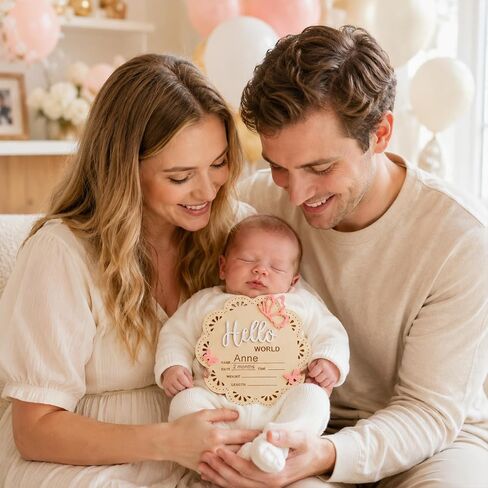 Hello World Baby Birth Announcement Sign, 6-inch Wooden Newborn Announcement Sign, Pink Butterfly Newborn Welcome Signs for New Born Photo Props Babies Shower Hospital Nursery in Kuwait