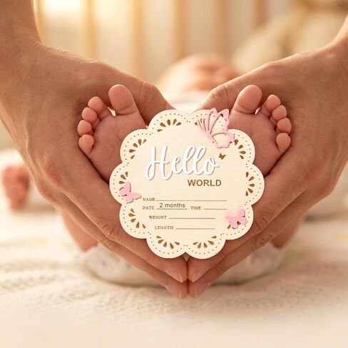 Hello World Baby Birth Announcement Sign, 6-inch Wooden Newborn Announcement Sign, Pink Butterfly Newborn Welcome Signs for New Born Photo Props Babies Shower Hospital Nursery in Kuwait