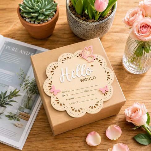 Hello World Baby Birth Announcement Sign, 6-inch Wooden Newborn Announcement Sign, Pink Butterfly Newborn Welcome Signs for New Born Photo Props Babies Shower Hospital Nursery in Kuwait