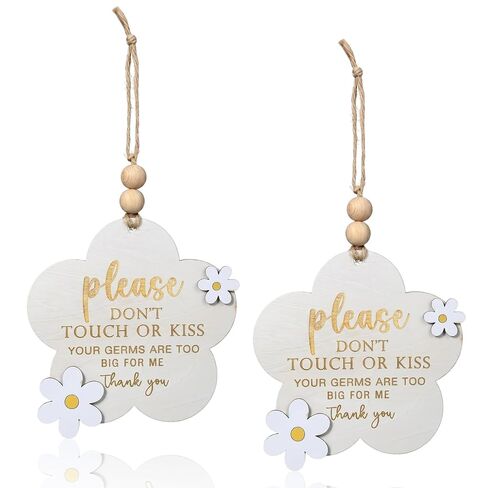 2PCS Please Do Not Touch or Kiss Baby Sign - Wooden Baby Announcement Stroller Tag for Newborn, Please Don't Touch Baby Sign for Car Seat & Stroller, NICU Baby Essentials Nursery (Flower) in Kuwait
