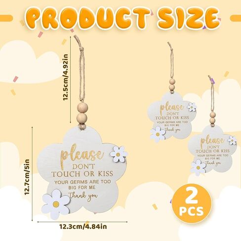 2PCS Please Do Not Touch or Kiss Baby Sign - Wooden Baby Announcement Stroller Tag for Newborn, Please Don't Touch Baby Sign for Car Seat & Stroller, NICU Baby Essentials Nursery (Flower) in Kuwait