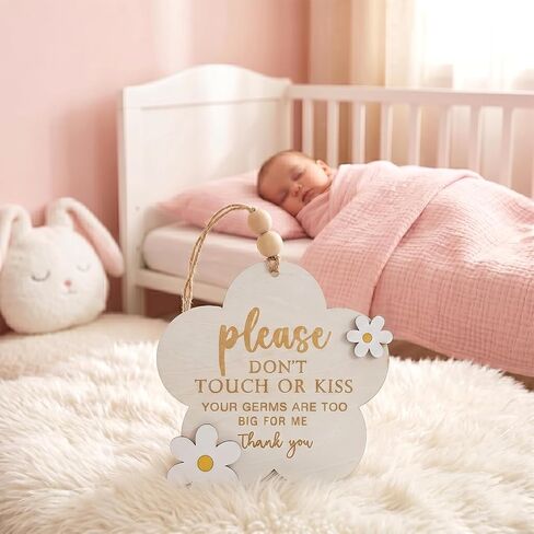 2PCS Please Do Not Touch or Kiss Baby Sign - Wooden Baby Announcement Stroller Tag for Newborn, Please Don't Touch Baby Sign for Car Seat & Stroller, NICU Baby Essentials Nursery (Flower) in Kuwait