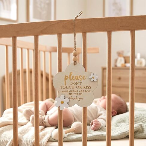 2PCS Please Do Not Touch or Kiss Baby Sign - Wooden Baby Announcement Stroller Tag for Newborn, Please Don't Touch Baby Sign for Car Seat & Stroller, NICU Baby Essentials Nursery (Flower) in Kuwait