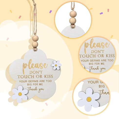 2PCS Please Do Not Touch or Kiss Baby Sign - Wooden Baby Announcement Stroller Tag for Newborn, Please Don't Touch Baby Sign for Car Seat & Stroller, NICU Baby Essentials Nursery (Flower) in Kuwait