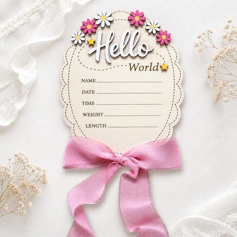 Hello World Baby Announcement Sign 8 Inch Oval, 2-Sided Wooden Newborn Plaque with She's Here, Daisy Floral Birth Stats Keepsake with Silk Ribbon, Girl Name Photo Prop for Hospital Nursery in Kuwait