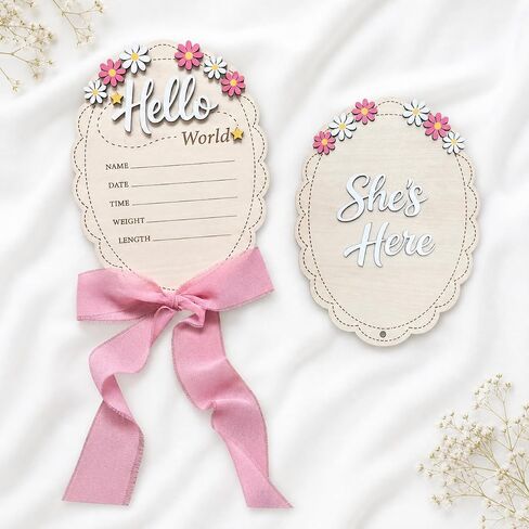 Hello World Baby Announcement Sign 8 Inch Oval, 2-Sided Wooden Newborn Plaque with She's Here, Daisy Floral Birth Stats Keepsake with Silk Ribbon, Girl Name Photo Prop for Hospital Nursery in Kuwait