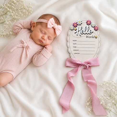 Hello World Baby Announcement Sign 8 Inch Oval, 2-Sided Wooden Newborn Plaque with She's Here, Daisy Floral Birth Stats Keepsake with Silk Ribbon, Girl Name Photo Prop for Hospital Nursery in Kuwait