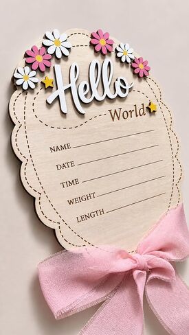 Hello World Baby Announcement Sign 8 Inch Oval, 2-Sided Wooden Newborn Plaque with She's Here, Daisy Floral Birth Stats Keepsake with Silk Ribbon, Girl Name Photo Prop for Hospital Nursery in Kuwait