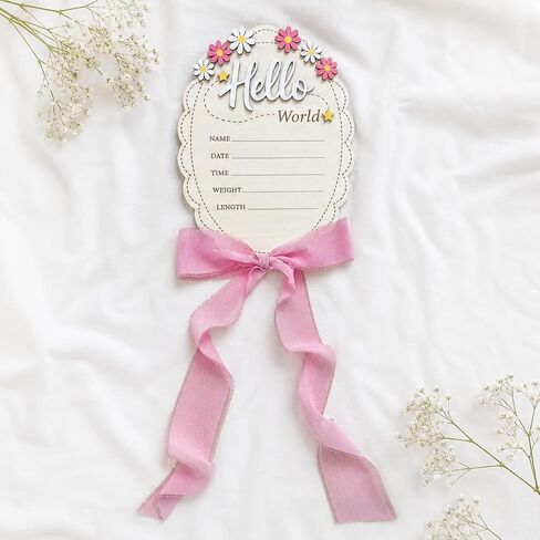 Hello World Baby Announcement Sign 8 Inch Oval, 2-Sided Wooden Newborn Plaque with She's Here, Daisy Floral Birth Stats Keepsake with Silk Ribbon, Girl Name Photo Prop for Hospital Nursery in Kuwait