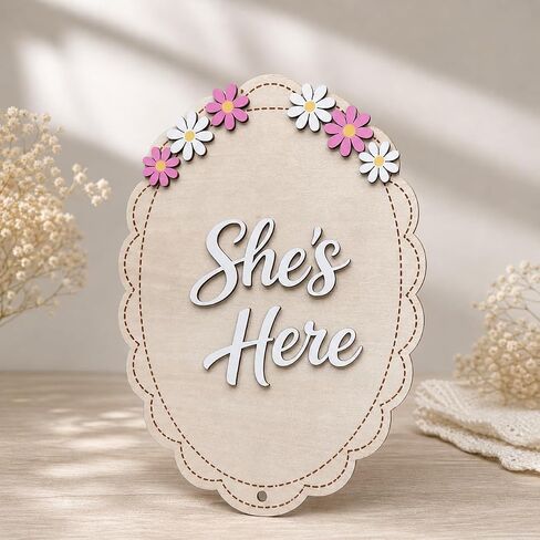 Hello World Baby Announcement Sign 8 Inch Oval, 2-Sided Wooden Newborn Plaque with She's Here, Daisy Floral Birth Stats Keepsake with Silk Ribbon, Girl Name Photo Prop for Hospital Nursery in Kuwait