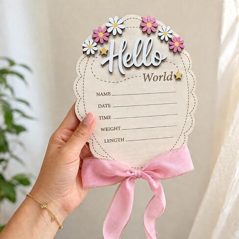 Hello World Baby Announcement Sign 8 Inch Oval, 2-Sided Wooden Newborn Plaque with She's Here, Daisy Floral Birth Stats Keepsake with Silk Ribbon, Girl Name Photo Prop for Hospital Nursery in Kuwait