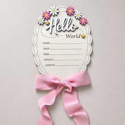 Hello World Baby Announcement Sign 8 Inch Oval, 2-Sided Wooden Newborn Plaque with She's Here, Daisy Floral Birth Stats Keepsake with Silk Ribbon, Girl Name Photo Prop for Hospital Nursery in Kuwait