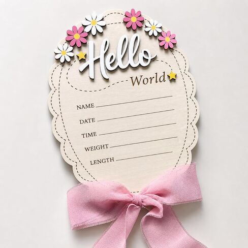 Hello World Baby Announcement Sign 8 Inch Oval, 2-Sided Wooden Newborn Plaque with She's Here, Daisy Floral Birth Stats Keepsake with Silk Ribbon, Girl Name Photo Prop for Hospital Nursery in Kuwait