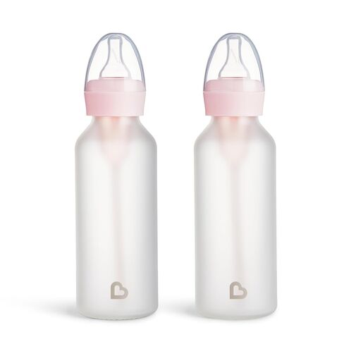 Munchkin Bond Silicone Coated Glass Baby Bottles - Anti-Colic Feeding System with Natural Feel Nipples, 8 Ounce, 2 Pack, Pink in Kuwait