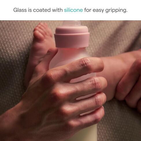 Munchkin Bond Silicone Coated Glass Baby Bottles - Anti-Colic Feeding System with Natural Feel Nipples, 8 Ounce, 2 Pack, Pink in Kuwait