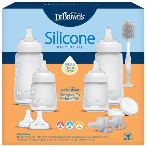 Dr. Brown's Silicone Baby Bottle Gift Set with HappyPaci One-Piece Pacifiers, Soft Touch Bottle Brush, and Travel Caps, BPA-Free, 0m+ in Kuwait