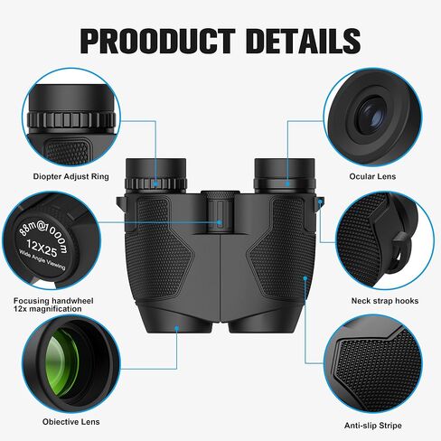 Binoculars 12x25 for Adults Night Vision Binoculars Compact Binoculars for Soccer Games Waterproof Binocular Wide Field of View for Sporting Events,Bird Watching,Hiking,Hunting,Concert in Kuwait