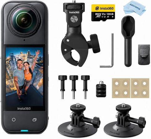 Insta360 X5 8K 360° Action Camera Motorcycle Bundle with Heavy-Duty Clamp, Flexible Adhesive Mounts, 128GB microSD Card, 2400mAh Battery Cleaning Cloth & 1-Year Warranty in Kuwait