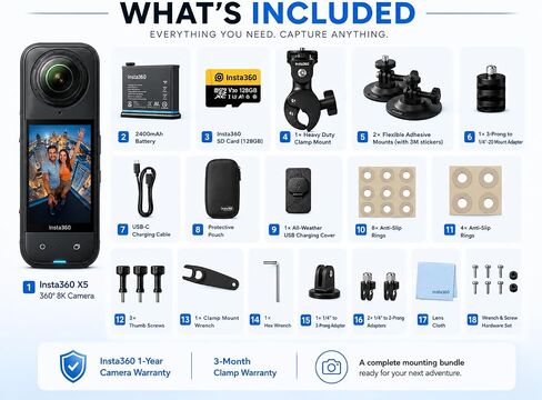 Insta360 X5 8K 360° Action Camera Motorcycle Bundle with Heavy-Duty Clamp, Flexible Adhesive Mounts, 128GB microSD Card, 2400mAh Battery Cleaning Cloth & 1-Year Warranty in Kuwait