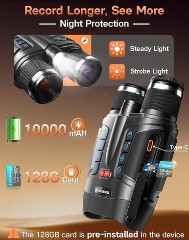 Night Vision Goggles - Smart APP 4K Night Vision Binoculars, 10000mAh Battery, 128GB Card for Photo and Video, 3'' UHD Screen & 8X Zoom Binoculars for Camping, Hunting, Security (Black) in Kuwait