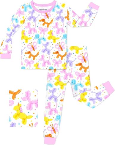 babee Reshinee Bamboo Viscose Toddler Girls Kids Pajamas Balloon Parade Pjs Long Sleeve Snug fit 2-3T 2pcs Soft Jammies in Kuwait