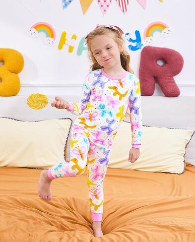 babee Reshinee Bamboo Viscose Toddler Girls Kids Pajamas Balloon Parade Pjs Long Sleeve Snug fit 2-3T 2pcs Soft Jammies in Kuwait