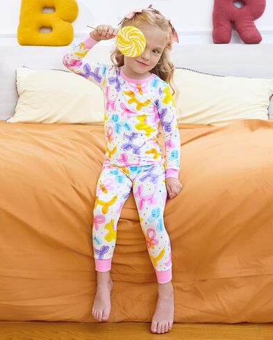 babee Reshinee Bamboo Viscose Toddler Girls Kids Pajamas Balloon Parade Pjs Long Sleeve Snug fit 2-3T 2pcs Soft Jammies in Kuwait