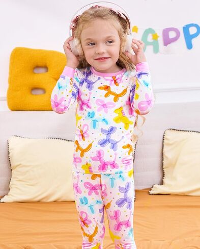 babee Reshinee Bamboo Viscose Toddler Girls Kids Pajamas Balloon Parade Pjs Long Sleeve Snug fit 2-3T 2pcs Soft Jammies in Kuwait
