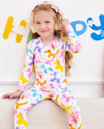 babee Reshinee Bamboo Viscose Toddler Girls Kids Pajamas Balloon Parade Pjs Long Sleeve Snug fit 2-3T 2pcs Soft Jammies in Kuwait