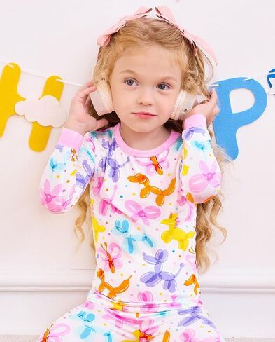 babee Reshinee Bamboo Viscose Toddler Girls Kids Pajamas Balloon Parade Pjs Long Sleeve Snug fit 2-3T 2pcs Soft Jammies in Kuwait